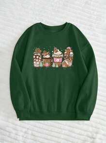 SHEIN EZwear Áo nỉ dài tay cổ tròn in họa tiết bánh gừng Giáng sinh cho nữ, thường ngày mùa thu/đông - Màu xanh lá cây đậm - Xem 2