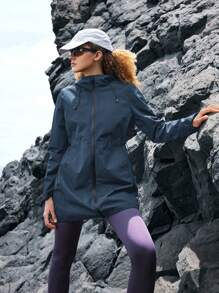 In My Nature 1 件女士纯色前拉链长袖字母印花口袋户外雨衣 - 藏蓝色 - 查看 6