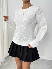 Chiquease Classic French Style Multipurpose Cable Knit Long Sleeve Pullover, Knit Pullover Fall Winter - White - View 4