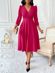 Lunelith SHEIN Lunessa V 领收腰 3/4 泡泡袖 A 字形女式连衣裙 女式长款服装 - 玫紅色 - 查看 3