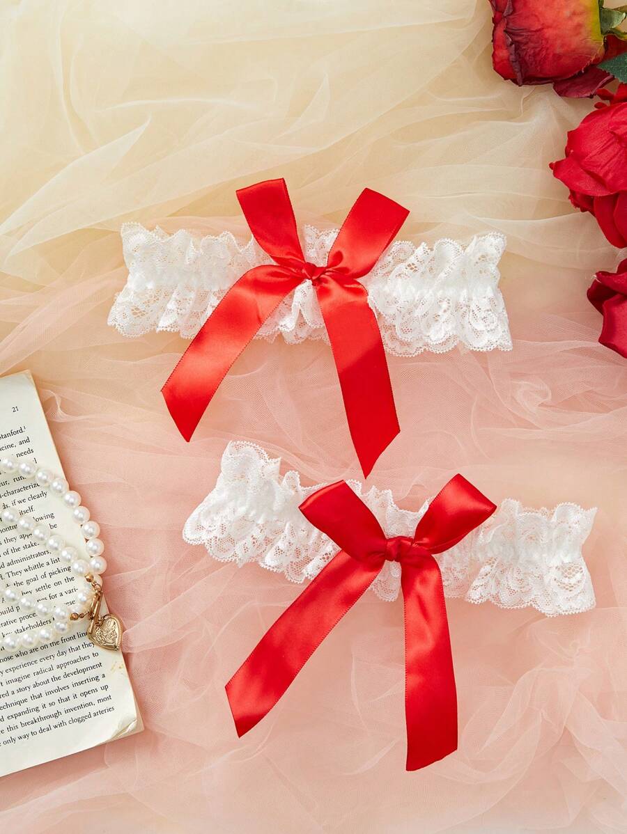 1 对性感蕾丝吊袜带带蝴蝶结装饰 - 紅白色 - 查看 1