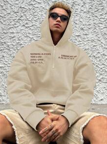 DAZY Men's Casual Slogan Print Oversized Drop Shoulder Loose Kangaroo Pocket Half Zip Up Hoodie Autumn/Spring - Beige - View 1
