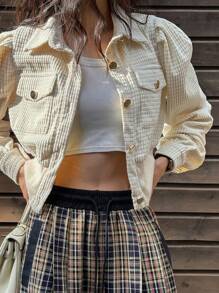 DAZY 1 件女式纯色修身长袖立领纹理面料短款泡泡袖衬衫，秋季女装