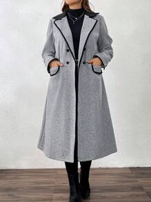 SHEIN LUNE Plus Size 1pc Women Long Coat With Contrasting Ribbon Trim, Winter - Grey - View 1