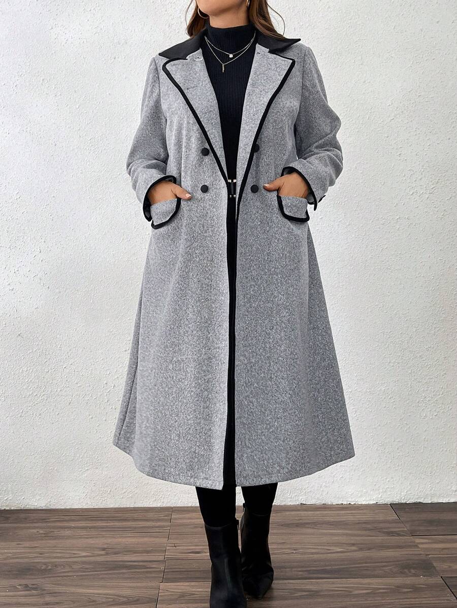 SHEIN LUNE Plus Size 1pc Women Long Coat With Contrasting Ribbon Trim, Winter - Grey - View 1