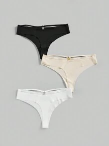 ROMWE 3pcs Ice Silk Seamless Metal Thong Panty Set - Multicolor - View 1