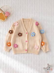 Cozy Pixies Baby Girl 3D Floral Soft Knitted Cardigan, Casual And Versatile, Suitable For Autumn/Winter