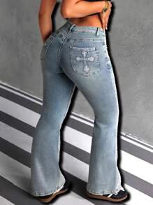 SHEIN ICON Quần Jeans Ống Loe Túi Chéo Cho Nữ Thường Ngày Đa Năng - Màu xanh lam - Xem 5