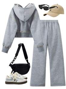 女童套装撞色连帽衫（带口袋）和宽腿撞色运动裤，秋冬季休闲装 - 灰色 - 查看 2