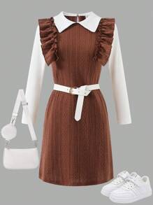 Vestido skater de niña preadolescente con cuello de volantes de punto sintético y cinturón, para primavera/otoño - Multicolor - Ver 1