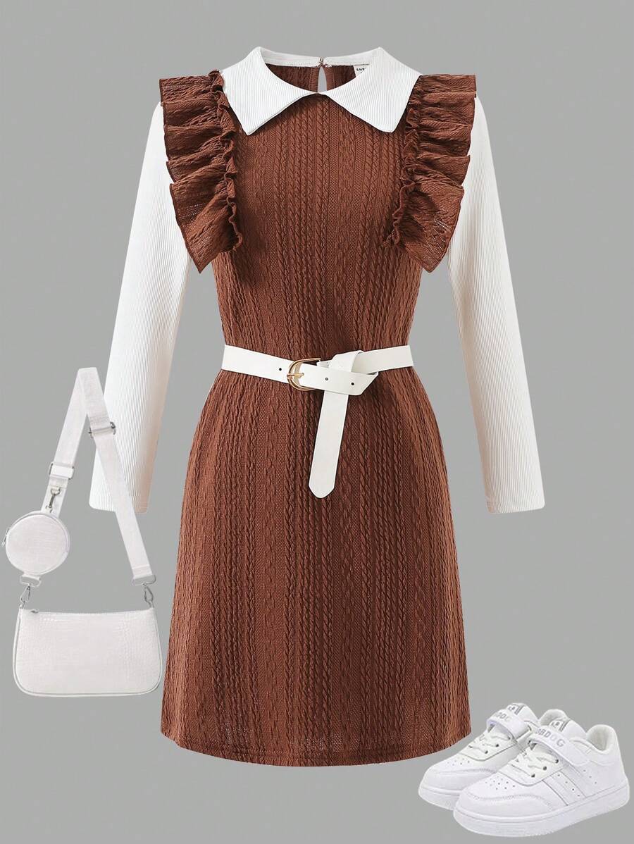 Vestido skater de niña preadolescente con cuello de volantes de punto sintético y cinturón, para primavera/otoño - Multicolor - Ver 1