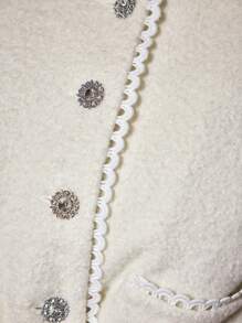 Enchnt 女士优雅蕾丝边短款粗花呢夹克，秋季 - 白色 - 查看 3