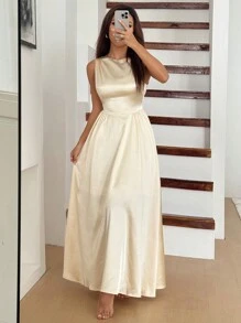 SHEIN EZwear 女士优雅纯色无袖高腰连衣裙 - 杏色 - 查看 4