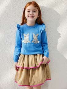 Blossori 年轻女孩动物图案圆领荷叶边下摆长袖毛衣 - 藍色 - 查看 1
