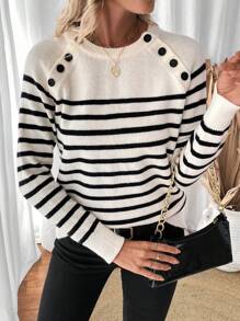 SHEIN LUNE 女士条纹圆领插肩袖休闲宽松套头毛衣，秋冬针织套头衫 - 杏色 - 查看 4