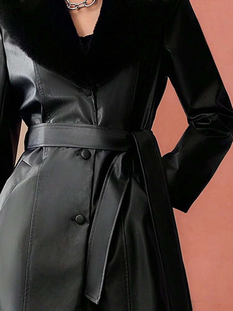 PU LEATHER CONTRAST FUZZY COLLAR BELTED LONGLINE COAT