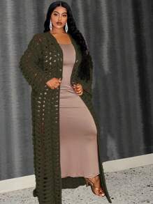 Slaydiva 大码女士休闲时尚舒适镂空开衫夹克，适合冬季和秋季 - 軍綠色 - 查看 3