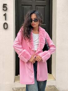 SHEIN Teen Girls Retro Quality Fluffy Cardigan Sweater Jacket, Sweet & Spicy Style, Autumn/Winter - Pink - View 4