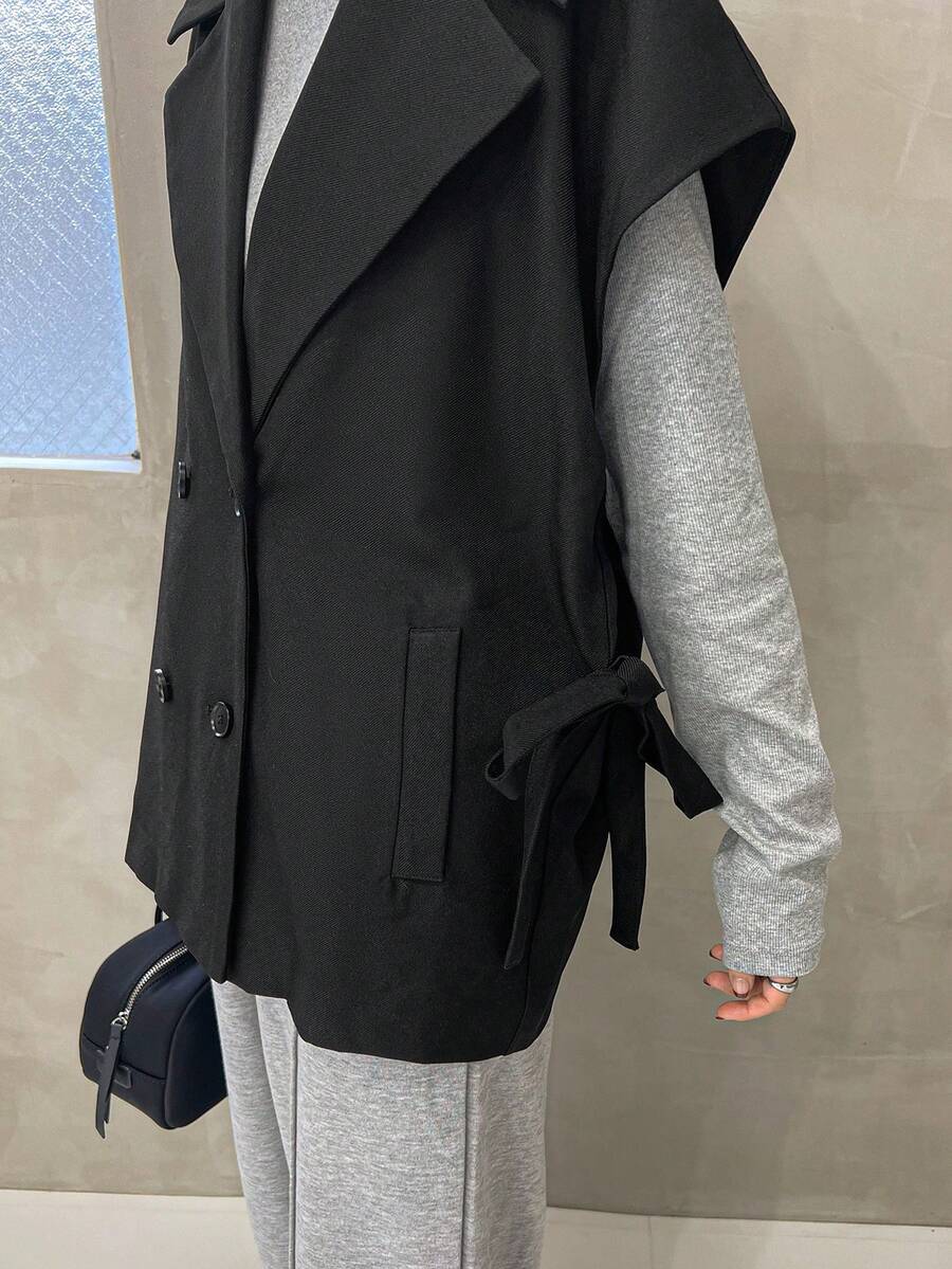 FRIFUL 女士纯色立领双排扣无袖休闲常规外套，秋季 - 黑色 - 查看 1