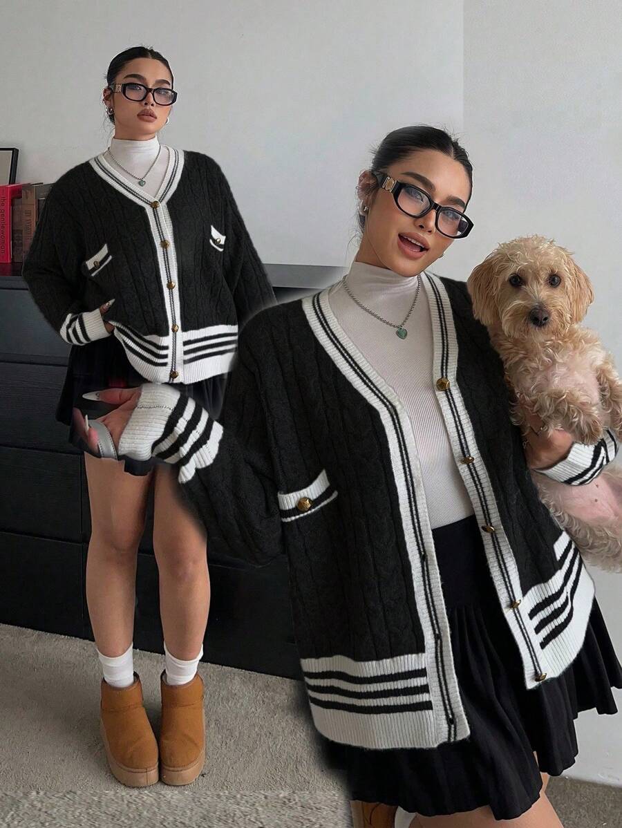 Flirla Áo len cardigan dệt kim cổ chữ V màu tương phản thời trang thu đông cỡ lớn - màu đen - Xem 1