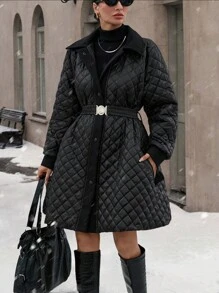 RueChic 通勤风格，面料拼布绗缝宽松加垫短夹克，腰带细节 - 黑色 - 查看 5