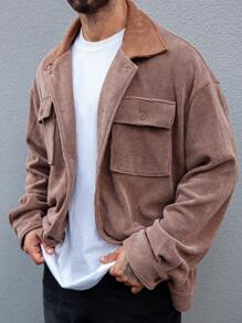 Manfinity Homme Chaqueta holgada de talla grande con botones y bolsillo con solapa para hombre, adecuada para otoño