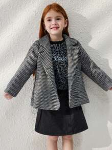 Blossori 年轻女孩法式优雅灰色蝴蝶结领双排扣大衣，秋冬 - 灰色 - 查看 5