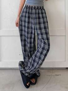 DAZY 1 件女式复古格子图案宽松睡裤、家居服下装