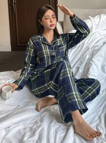 DAZY 格子图案宽松版型纽扣前开襟长袖上衣和长裤睡衣套装，秋冬服装 - 藍色 - 查看 4