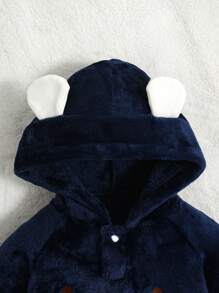 SHEIN 2 件套男婴舒适保暖简约棕熊刺绣长袖连帽连体衣和裤子家居服套装，羊毛 - 寶藍色 - 查看 7