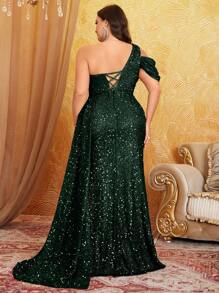 UNITHORSE 加大码 1 件不对称连衣裙，背部交叉设计，腰部荷叶边装饰，优雅露背晚礼服，婚礼宾客礼服，正式礼服，秋季女装