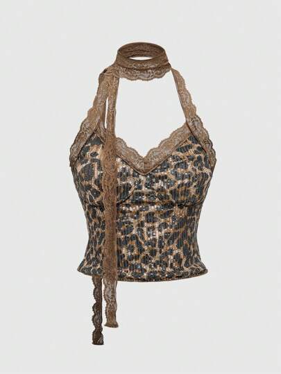 Grunge Punk Damen glänzendes Leoparden Muster Pailletten Retro Sexy Spitze Träger Camisole