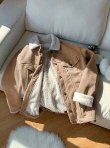 SHEIN EZwear Áo khoác nỉ lót lông màu trơn cài nút phía trước dành cho nữ, mùa thu/đông - Màu Khaki - Xem 4