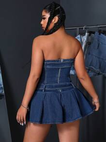 SHEIN ICON 大码女式镂空搭扣褶裥下摆抹胸短款牛仔连衣裙 - 藍色 - 查看 2