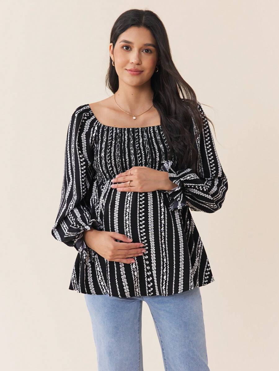 SHEIN Maternity Ditsy Floral Lantern Sleeve Blouse, Spring/Autumn - Black - View 1