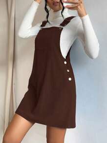 SHEIN EZwear 净色口袋贴布连身裙（不含毛衣） - 棕色 - 查看 4