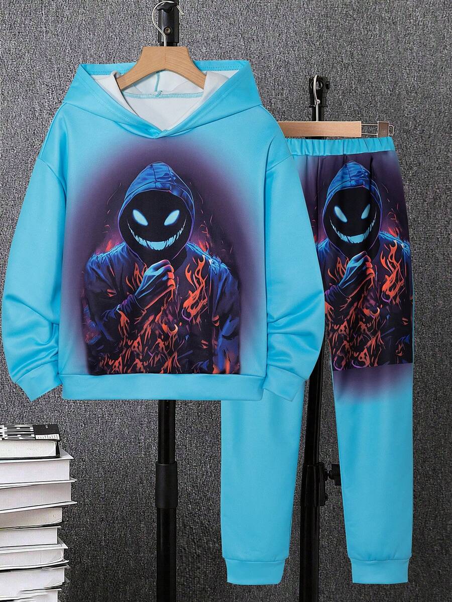 2pcs/Set Boys Neon Glow In Dark Skull Pattern Hoodie And Sweatpants Set, Street Style Halloween Outfit - Multicolor - View 1