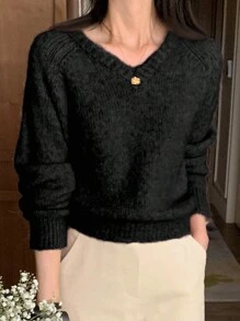 DAZY 女士 V 领宽松休闲毛衣，长袖，秋季女装 - 黑色 - 查看 3