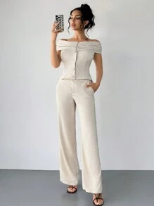 SHEIN Essnce Bộ vest trang trí khóa kim loại hở vai xếp ly mùa thu cho nữ, phong cách đi làm hàng ngày, quần âu màu tự nhiên, bộ trang phục nữ thần Hy Lạp, bộ đồ vest, quần dài, quần áo mùa thu cho nữ, áo dài, quần áo mùa đông cho nữ - Màu be - Xem 5