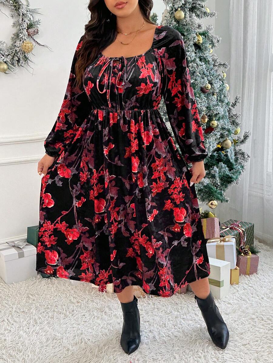 SHEIN Frenchy 1pc Velvet Print Long Dress For Plus Size Women, Elegant, Autumn/Winter - Black - View 1