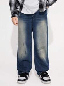 Tween Boys Vintage Distressed Individuality Simple All-Match All-Match Funny Wind Fashion Street Casual Comfortable Straight Leg Jeans - Medium Wash - View 6