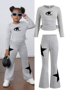 SHEIN 2pcs/Set Young Girl Solid Color Ruched Top With Fitted Flare Leg Knit Pants - Grey - View 1