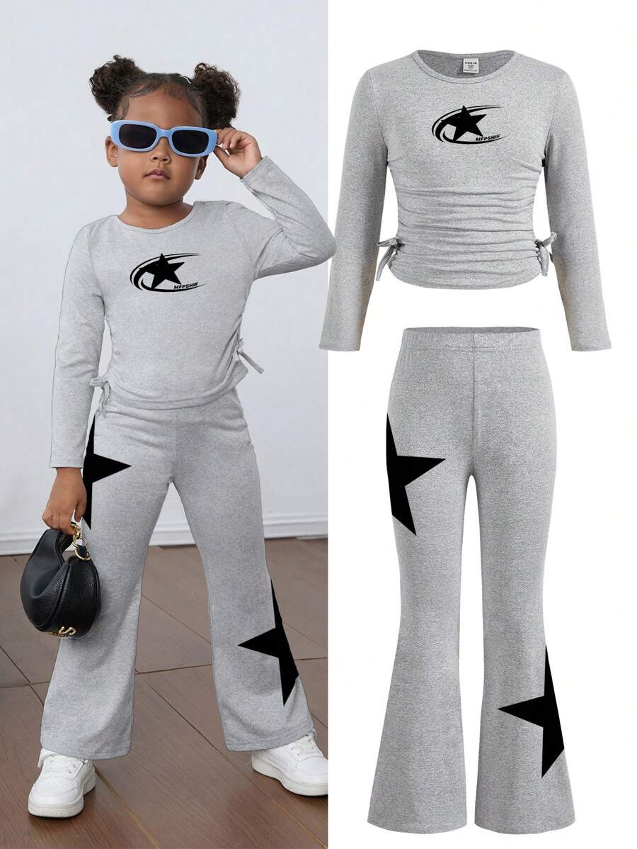 SHEIN 2pcs/Set Young Girl Solid Color Ruched Top With Fitted Flare Leg Knit Pants - Grey - View 1