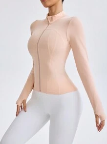 Damen Sportjacke mit durchgehendem Reißverschluss, einfarbig, Langarm, mit Kragen