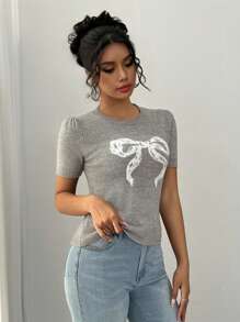 SHEIN Unity 1pc Women's Cute Jacquard Bow Knitted Sweater, Suitable For All Seasons - Grey - View 6