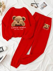 SHEIN Slayr Conjunto de 2 piezas de top de manga larga con cuello redondo y pantalón con bolsillo con estampado de dibujos animados para mujer - Rojo - Ver 3