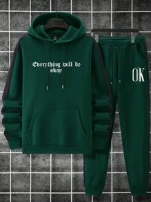 Manfinity Homme 男士纯色拼接字母印花简约连帽上衣和裤子休闲两件套 - 墨綠色 - 查看 3