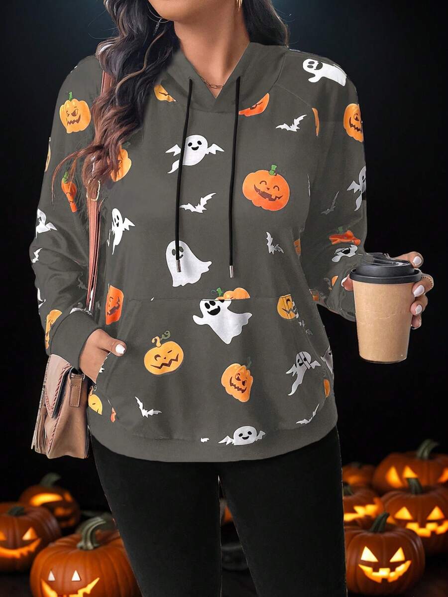 SHEIN LUNE Plus Size Allover Print Kangaroo Pocket Casual Sweatshirt Pullover Fall - Multicolor - View 1