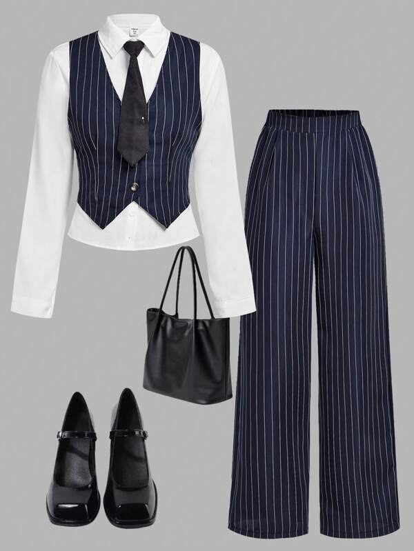 SHEIN Teen Girl Preppy Style Casual Elegant Y2K Vest, Blouse, And Pants Set, Fashionable And Versatile, Perfect For Fall And Spring And Winter