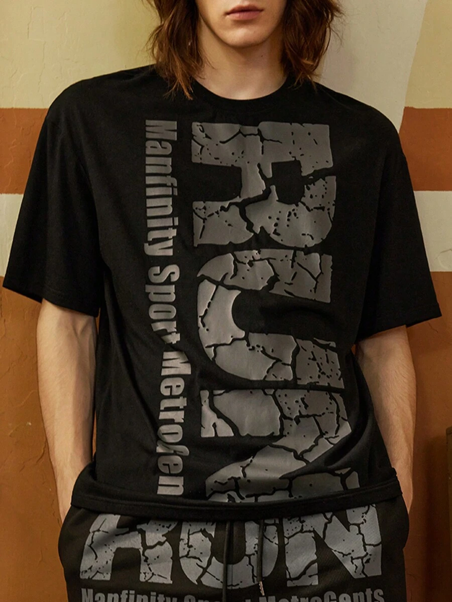 Manfinity Sport Corelite Boyfriend Style Men's Slogan Print Crew Neck Short Sleeve Daily Fitness Sports T-Shirt